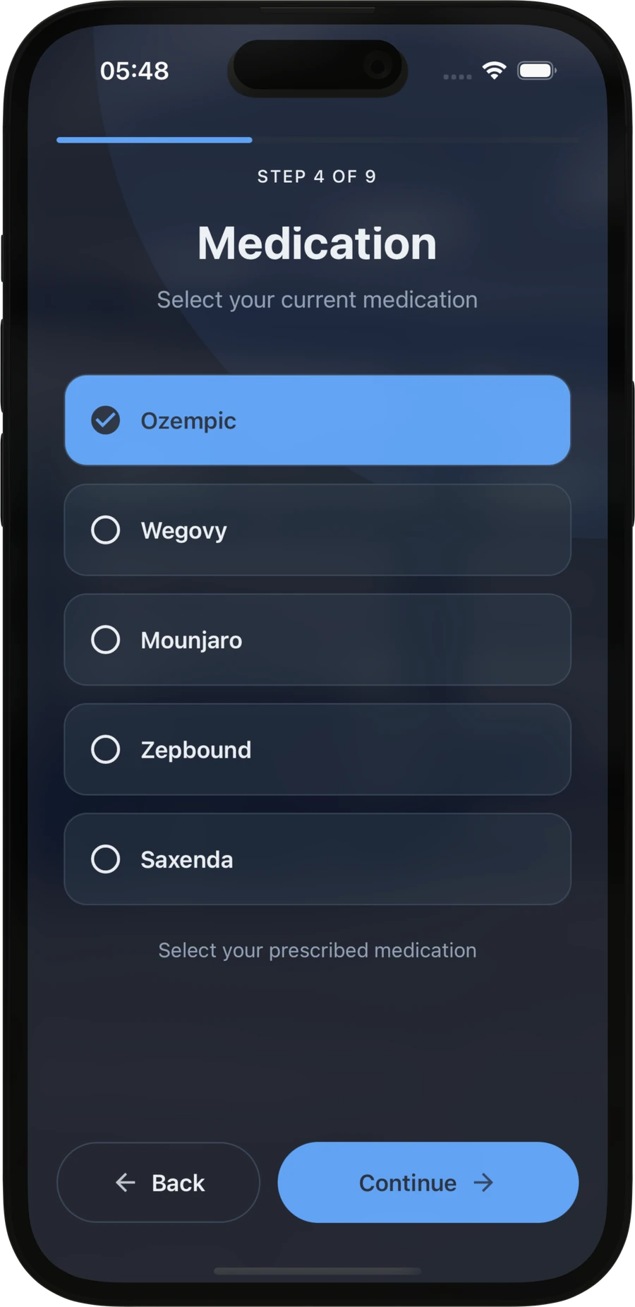 ShotWise setup step 4 of 9: select your medication from Ozempic, Wegovy, Mounjaro, Zepbound and Saxenda