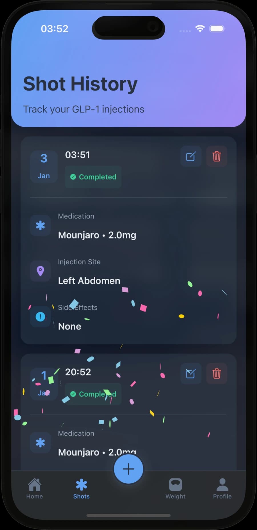 ShotWise shot history screen listing a Mounjaro 2.0 mg shot in the left abdomen, marked completed